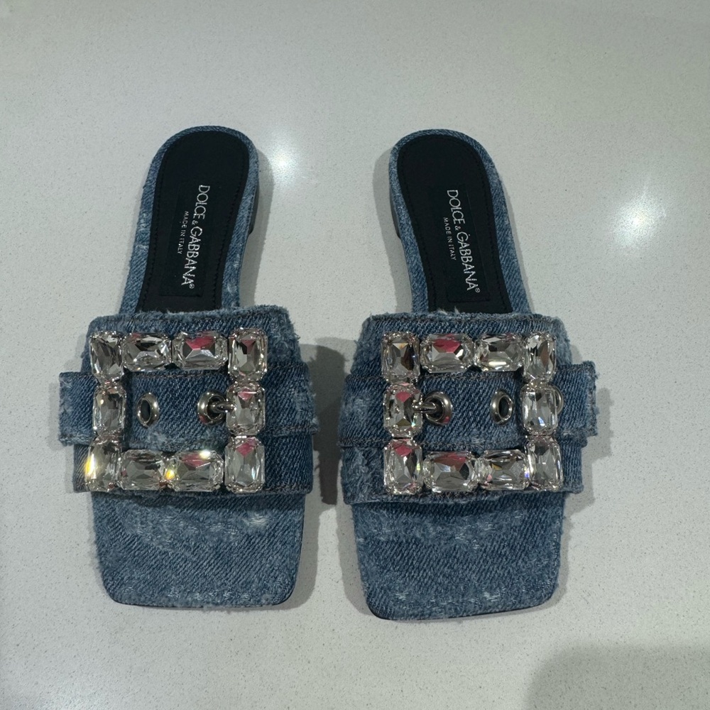 Dolce & Gabbana Denim Slides with Rhinestone Buckle